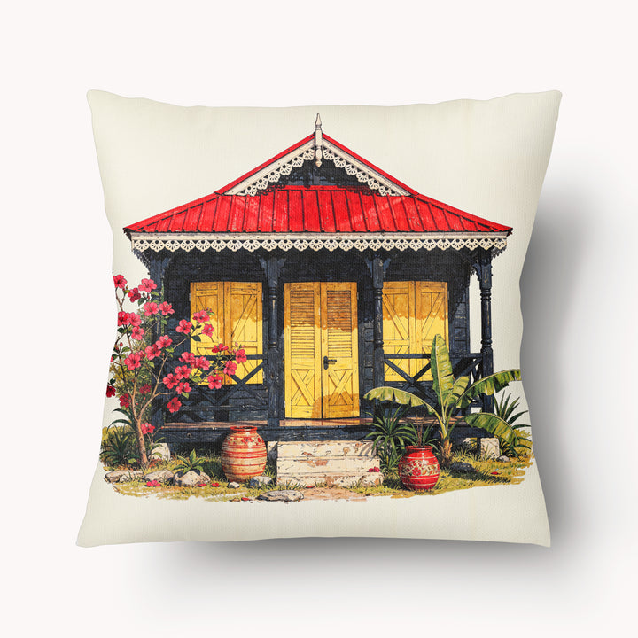 Coussin satinée MZelle Design, impression avec Motif un tropical de Case créole et bananier, effet aquarelle sur fond écru