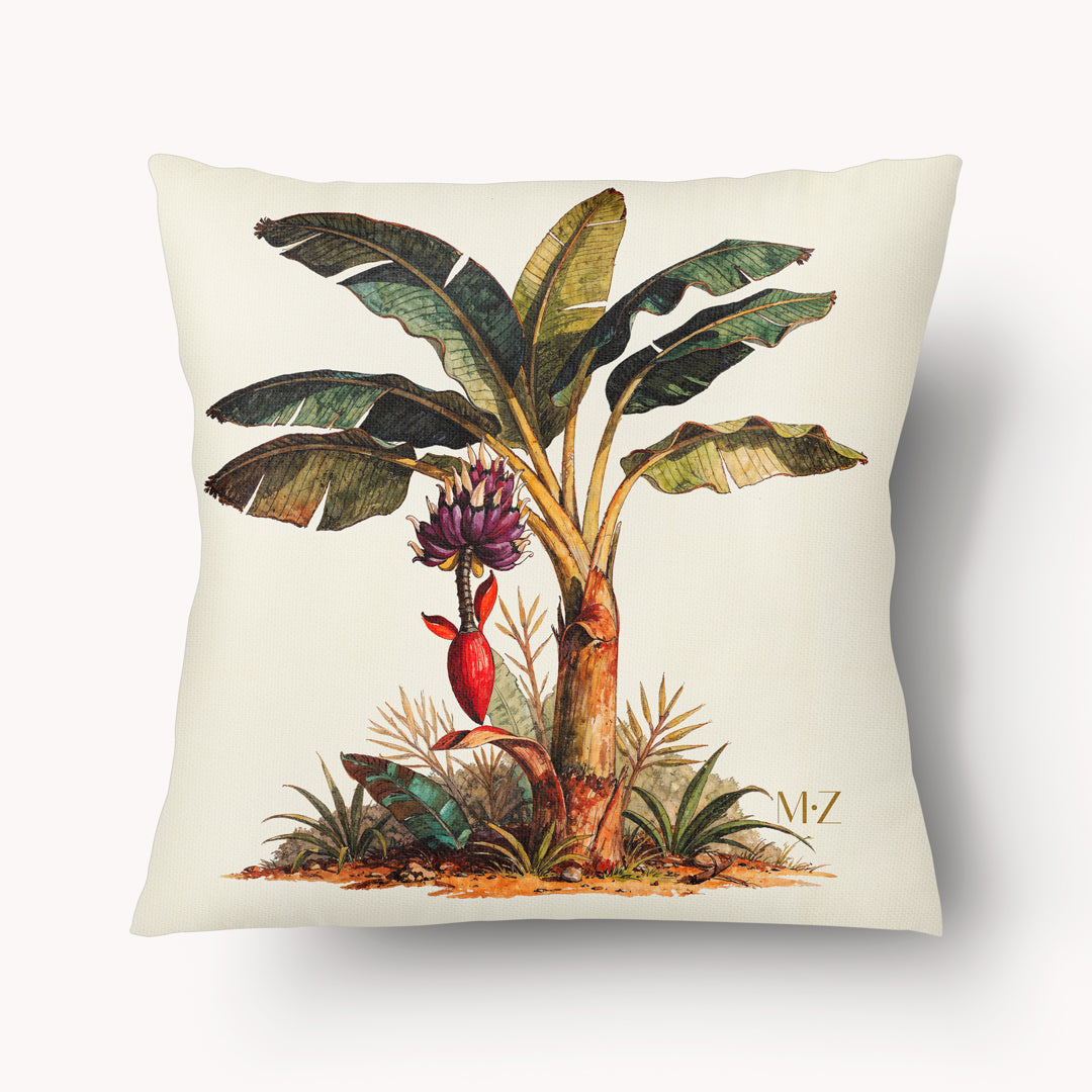 Coussin satinée MZelle Design, impression avec Motif un tropical de  bananier, effet aquarelle sur fond écru