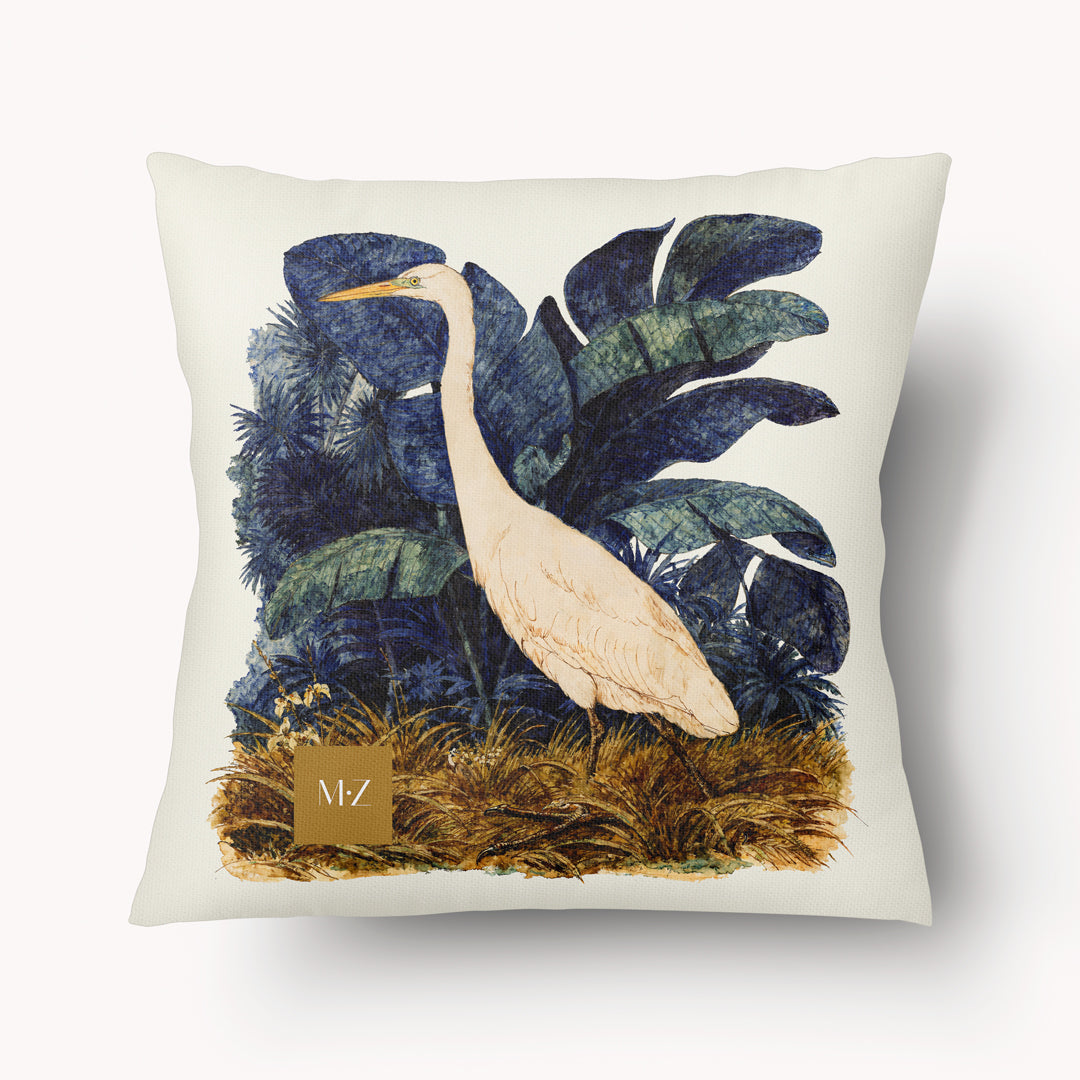 Housse de coussin décorative CARAÏBE mzelle design, Imprimé tropical héron pique boeuf, Créole Antilles style aquarelle naturaliste.