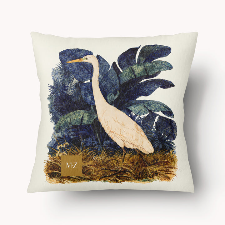 Housse de coussin décorative CARAÏBE mzelle design, Imprimé tropical héron pique boeuf, Créole Antilles style aquarelle naturaliste.
