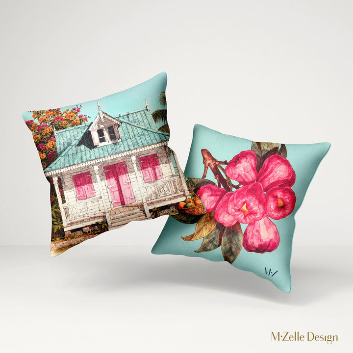 coussin aspect lin MZelle Design, motif subtile et artistique Maison Créole colorée et fruit pomme malacca.