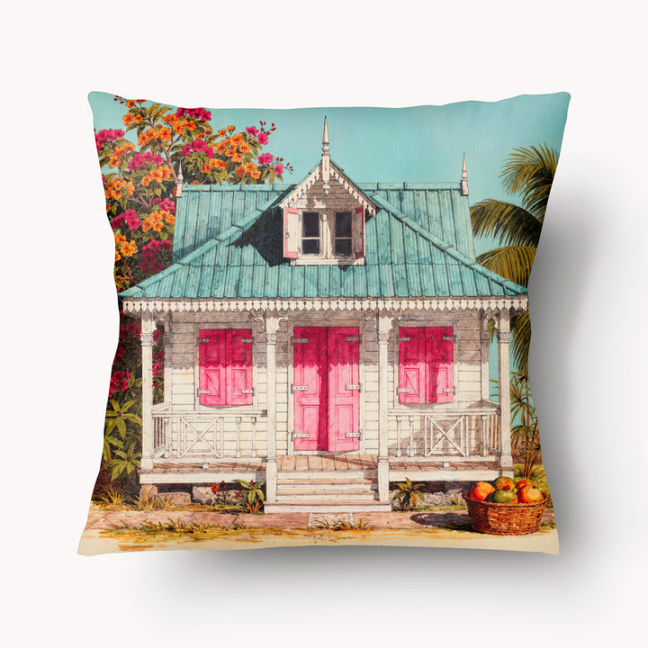 coussin aspect lin MZelle Design, motif subtile et artistique Maison Créole colorée et fruit pomme malacca.