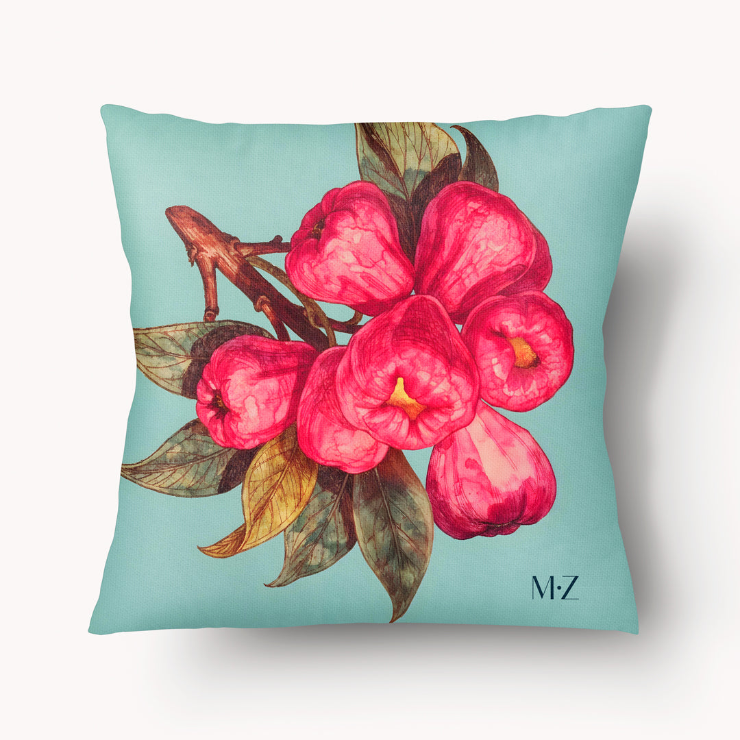 Housse de coussin aspect lin MZelle Design, motif subtile et artistique  fruit pomme malacca.