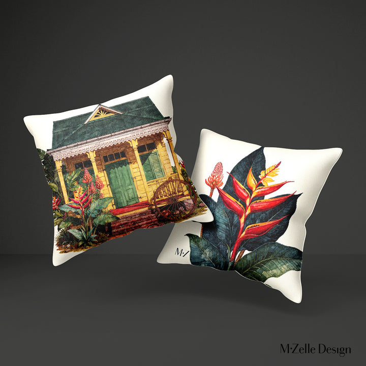 coussin décoration tropicale mzelle design, motif aquarelle case créole colorée et fleurs exotique sur fon écru