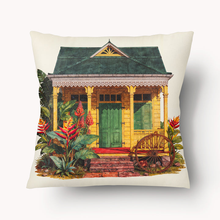 Housse de coussin décoration tropicale mzelle design, motif aquarelle case créole colorée et fleurs exotique sur fon écru