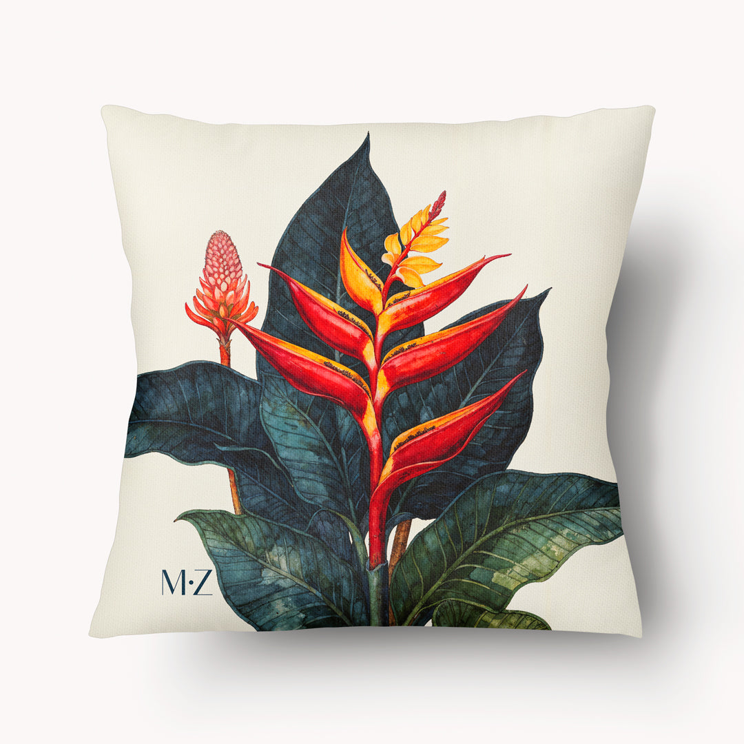 Housse de coussin décoration tropicale mzelle design, motif aquarelle fleurs exotique sur fon écru