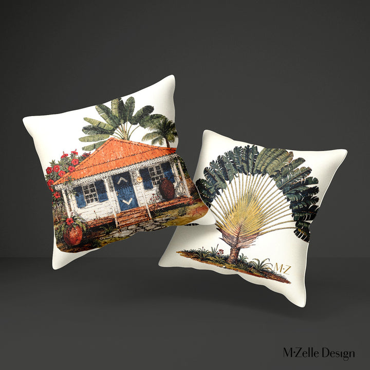 Housse de Coussin Décoration exotique MZelle Design, Imprimé Case Créole Caraïbes colorée et arbre tropical sur fond écru, motifs style illustration.
