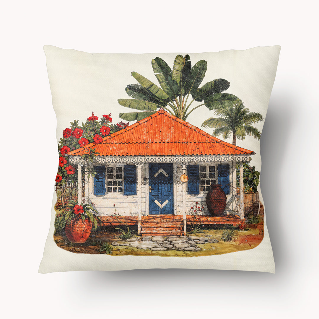 Housse de Coussin Décoration exotique MZelle Design, Imprimé Case Créole Caraïbes colorée et arbre tropical sur fond écru