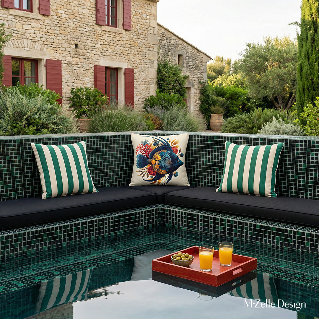 Photo tirée d'un magazine de décoration, Vue de face d'une élégante banquette intégrée dans l'angle d'une piscine moderne en mosaïque noire et vert emeraude.  Assises de twill noir, Ornées d'un coussin carré au centre et d'un coussin à rayures vert emeraude et écru de chaque côté. 