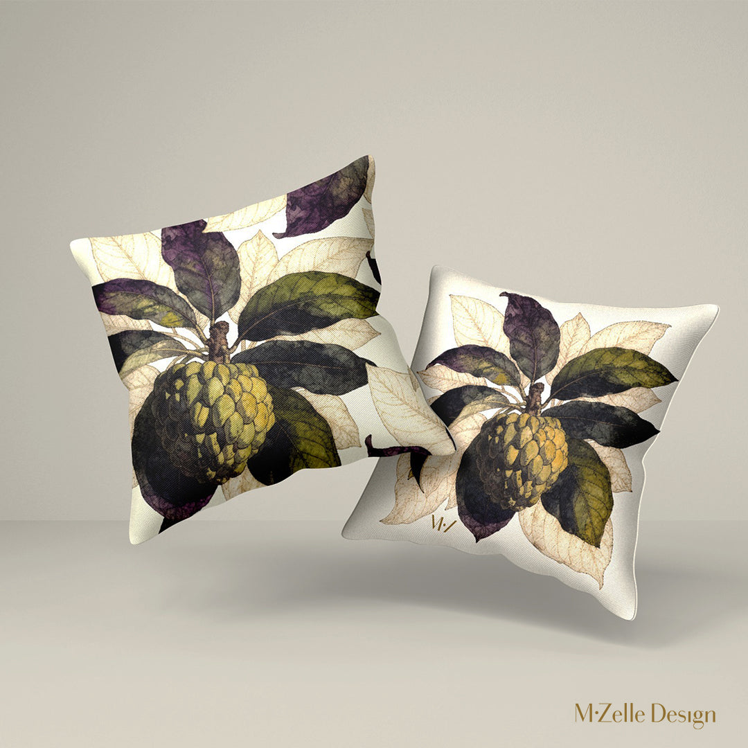 Housse décorative aspect lin mzelle design, Coussin fruit exotique au design naturaliste inspiré des Antilles. Imprimés modernes, décoration tropicale élégante.
