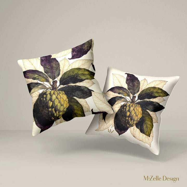 Housse décorative aspect lin mzelle design, Coussin fruit exotique au design naturaliste inspiré des Antilles. Imprimés modernes, décoration tropicale élégante.