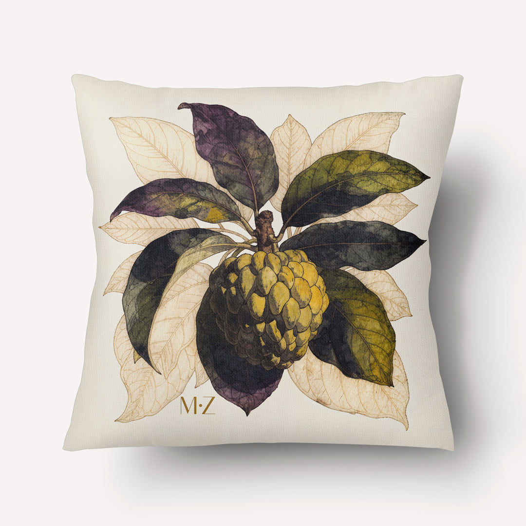 Housse décorative aspect lin mzelle design, Coussin fruit exotique au design naturaliste inspiré des Antilles. Imprimés modernes, décoration tropicale élégante.