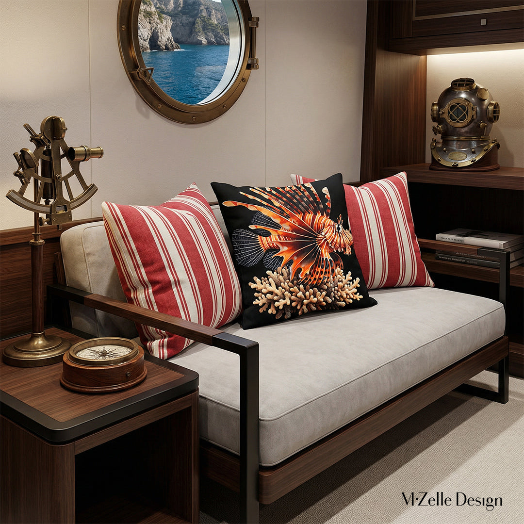 Photographie d'intérieur de style éditorial, intérieur d'une cabine de yacht au design raffiné et minimaliste. Gros plan sur la vue de face d'une banquette avec un grand coussin au centre, entouré de deux coussins rayés rouges et blancs, éclairage tamisé, atmosphère accueillante.