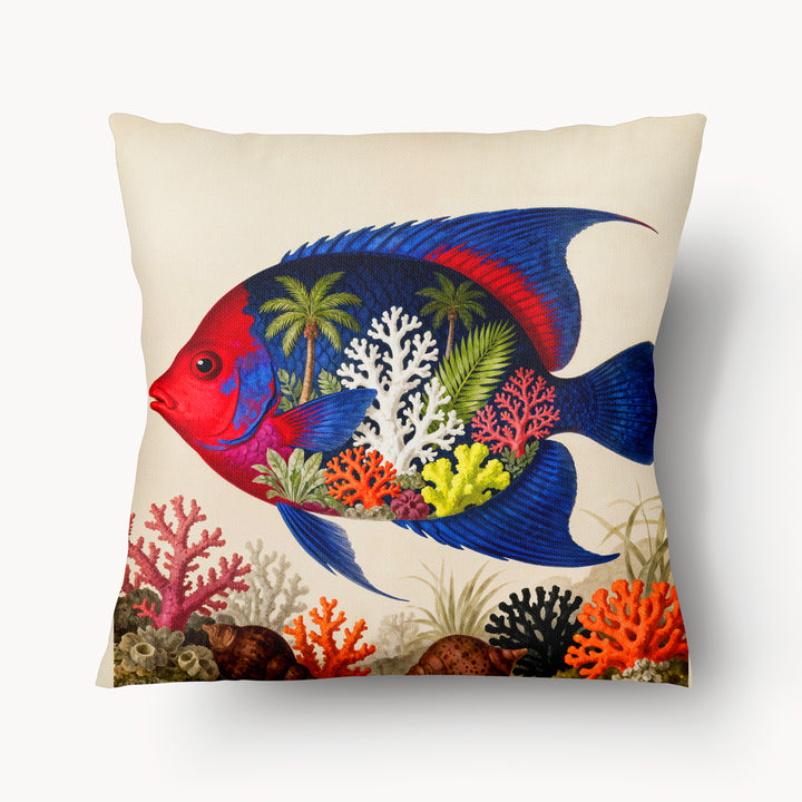 Housse de coussin mzelle design, décoration tropicale, coastal living, poissons colorés et coraux chics.