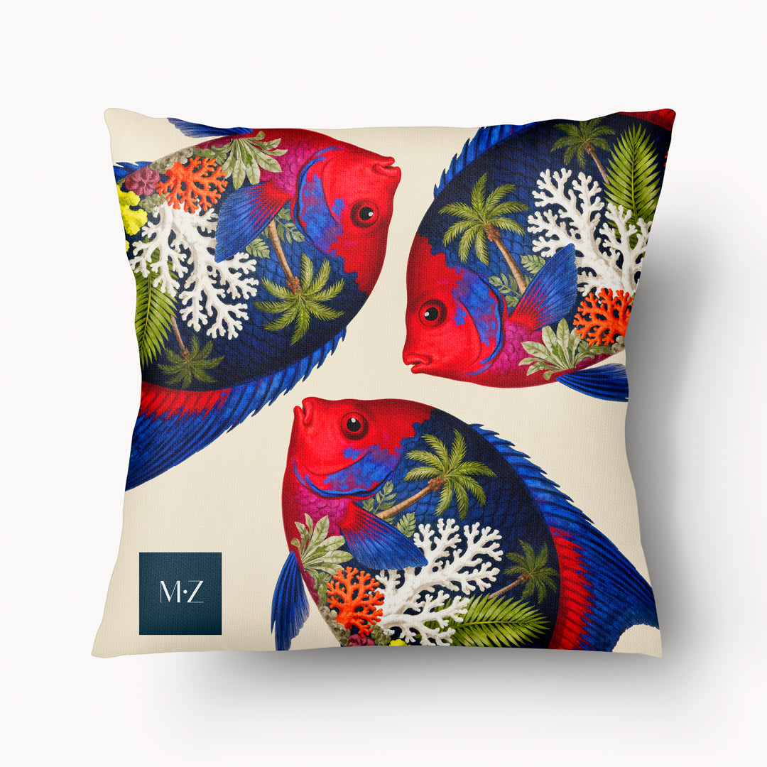 Housse de coussin mzelle design, décoration tropicale, coastal living, poissons colorés et coraux chics.