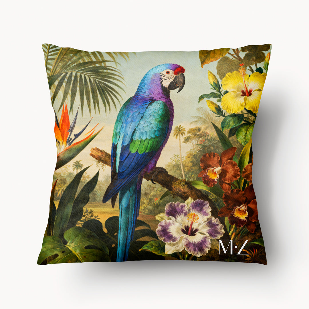 Coussin exotique mzelle design, motif coloré de perroquet et de jardin tropical charmant, décoration chic.