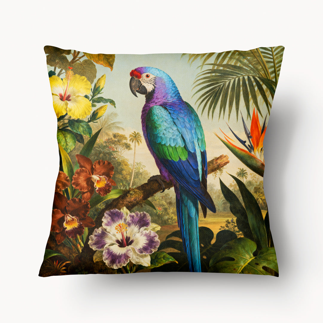 Coussin exotique mzelle design, motif coloré de perroquet et de jardin tropical charmant, décoration chic.