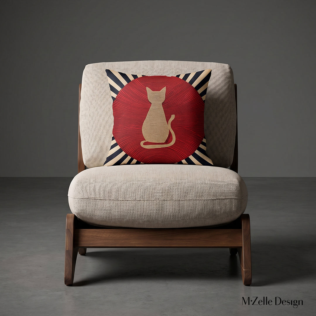 photographie professionnelle de mobilier de décoration, un fauteuil épuré de style crapaud écru capitonné avec un coussin mzelle design motif chat moderne posé dessus, placé dans un décor neutre.