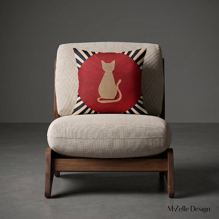 photographie professionnelle de mobilier de décoration, un fauteuil épuré de style crapaud écru capitonné avec un coussin mzelle design motif chat moderne posé dessus, placé dans un décor neutre.