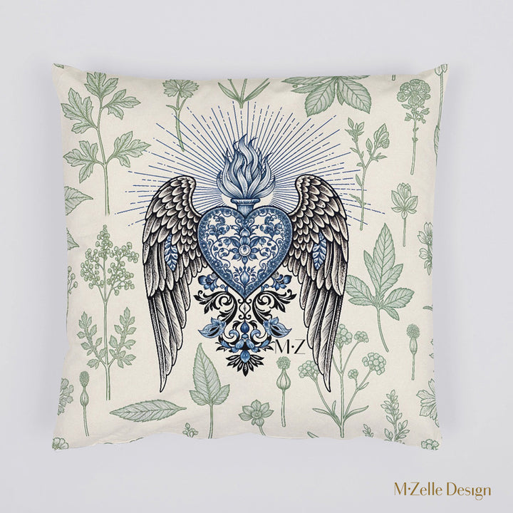 Housse de Coussin EX VOTO - Coeur bleu et gris Ardente Dévotion Herbier Vert sur fond écru Mzelle Design