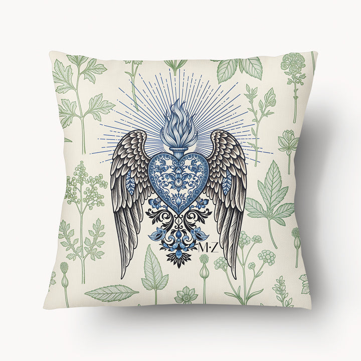 Housse de Coussin EX VOTO Mzelle design - motif coeur bleu avec des ailes et une flamme,  Herbier Vert sur fond écru 