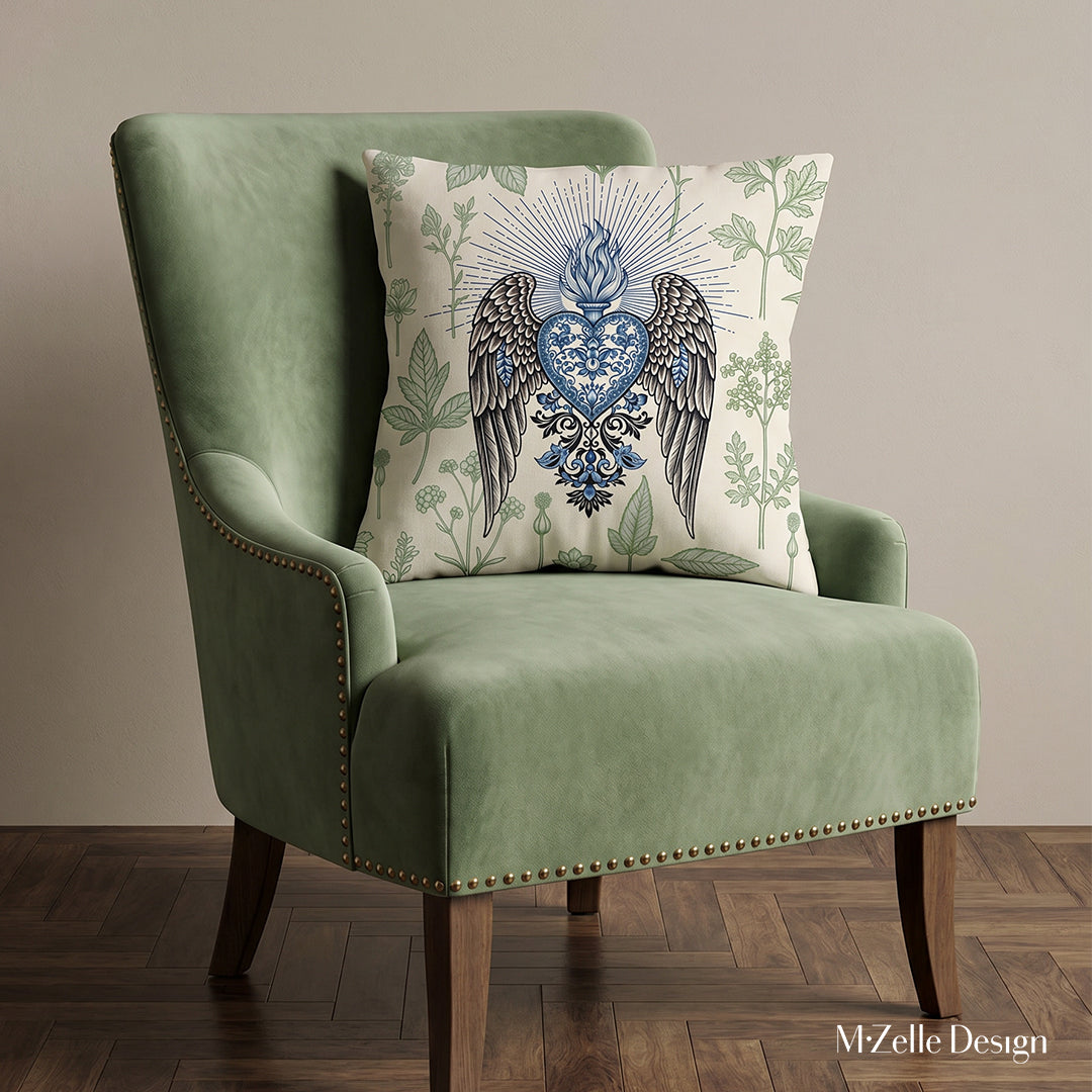 photographie professionnelle, vue de face sur un fauteuil moderne en velours mat, structure en bois de noyer, rivets en laiton, orné d'un large coussin mzelle design motif ex voto art sacré, placé dans un décor beige sobre.