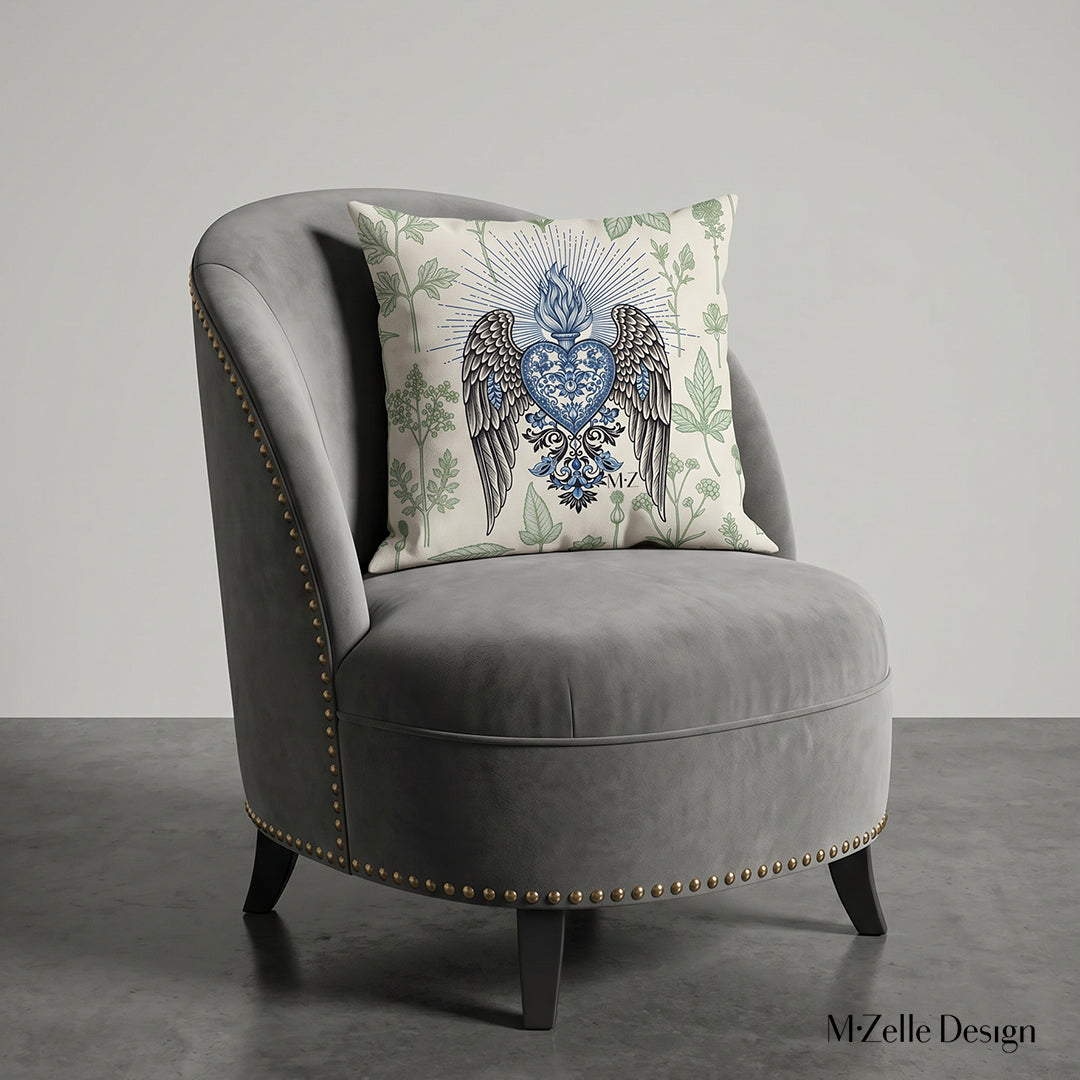 photographie professionnelle, vue de face sur un fauteuil moderne en velours mat, structure en bois de noyer, rivets en laiton, orné d'un large coussin mzelle design motif ex voto art sacré, placé dans un décor beige sobre.