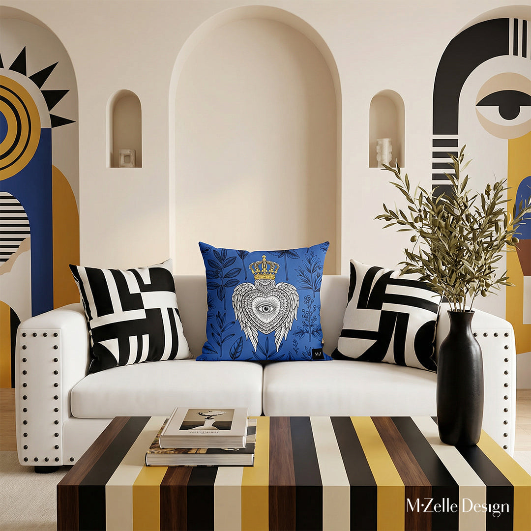 Photographie professionnelle représentant le design intérieur haut de gamme d'un salon lumineux. Vue de face d'un canapé blanc aux rivets noirs, orné d'un grand coussin carré motif ex voto au milieu et de deux coussins blancs et noirs aux formes abstraites fantaisistes. Decor pop art raffiné et moderne.