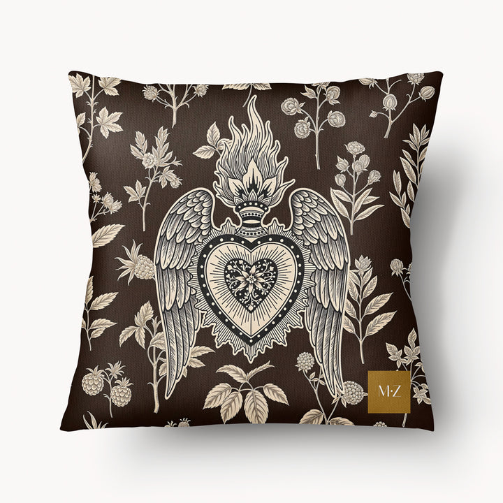 Housse de Coussin EX VOTO Mzelle design -  motif liturgique coeur avec une flamme et des ailes sur fond d'herbier marron et écru 