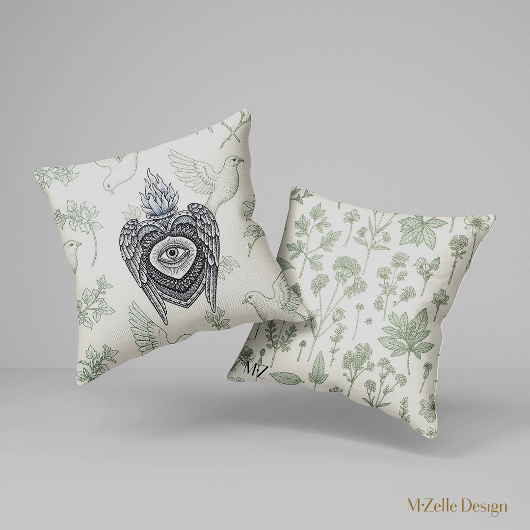 Housse de Coussin EX VOTO Mzelle design - motif Colombes et Herbier Vert sur fond écru 