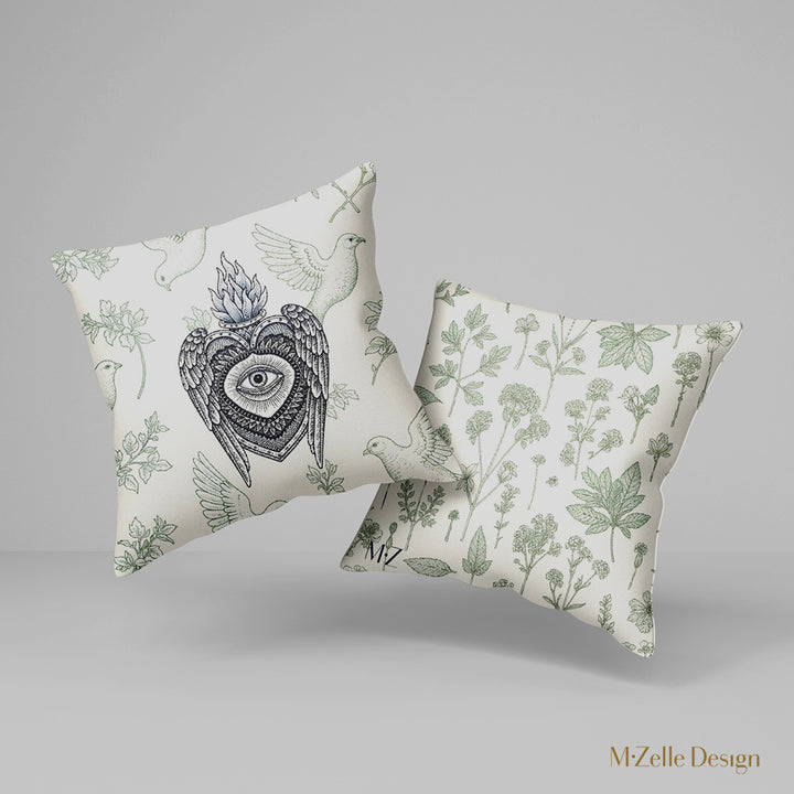 Housse de Coussin EX VOTO Mzelle design - motif Colombes et Herbier Vert sur fond écru 