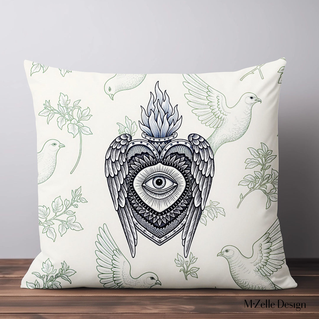 Housse de Coussin EX VOTO Mzelle design - motif Colombes et Herbier Vert sur fond écru 