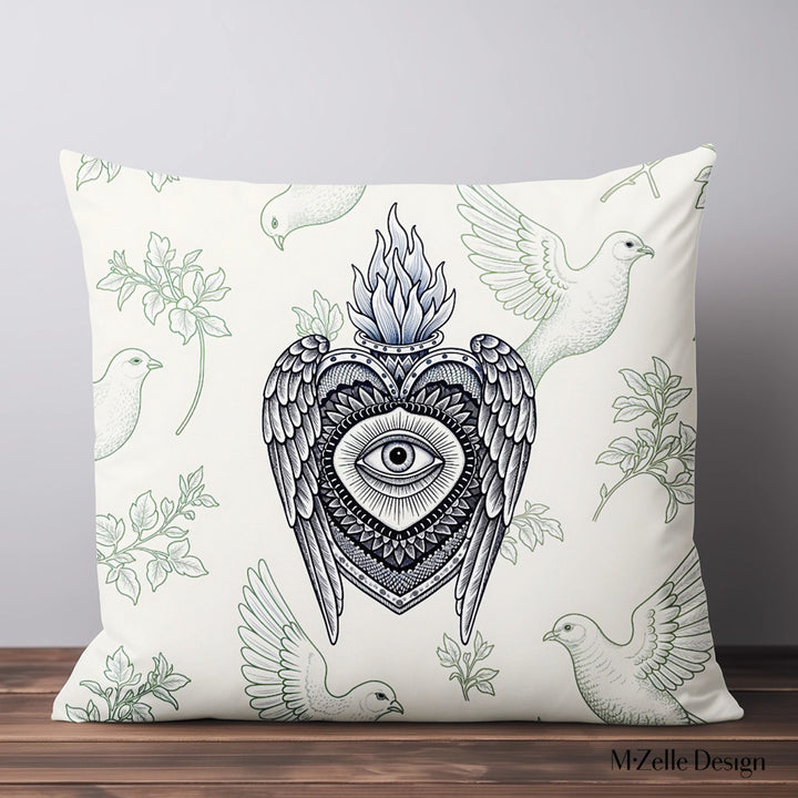 Housse de Coussin EX VOTO Mzelle design - motif Colombes et Herbier Vert sur fond écru 