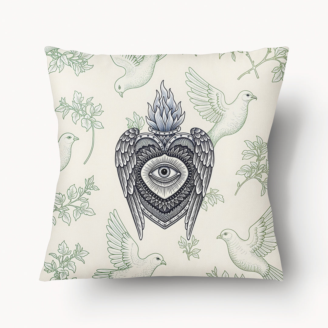 Housse de Coussin EX VOTO Mzelle design - motif Colombes et Herbier Vert sur fond écru 