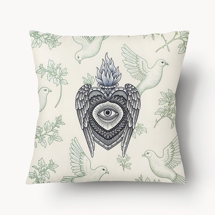 Housse de Coussin EX VOTO Mzelle design - motif Colombes et Herbier Vert sur fond écru 