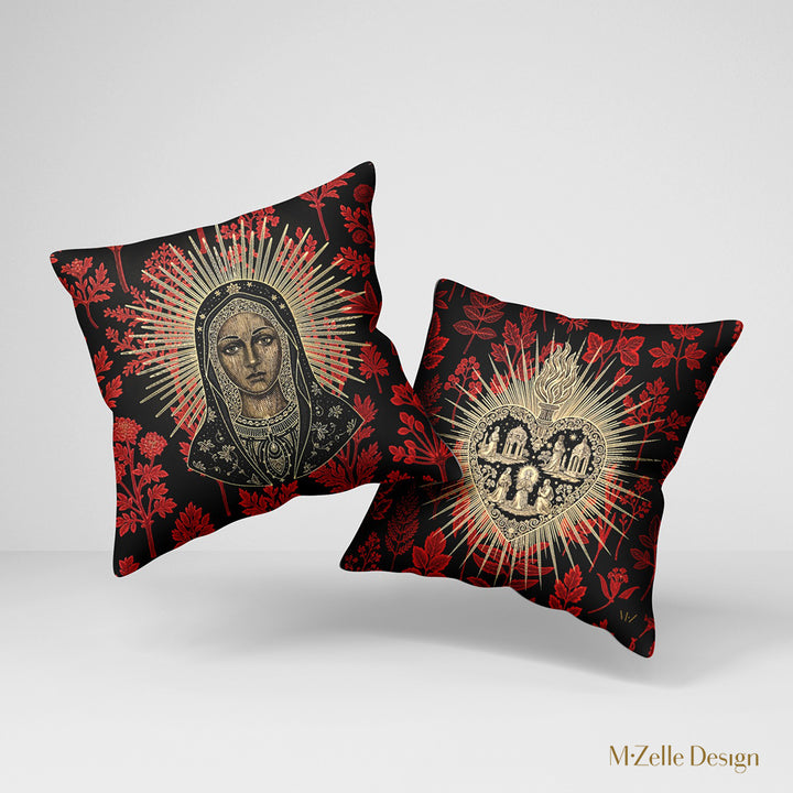 Housse de Coussin EX VOTO - Duo recto et verso Vierge Noire Dévotion Herbier Rouge sur fond noir Mzelle Design