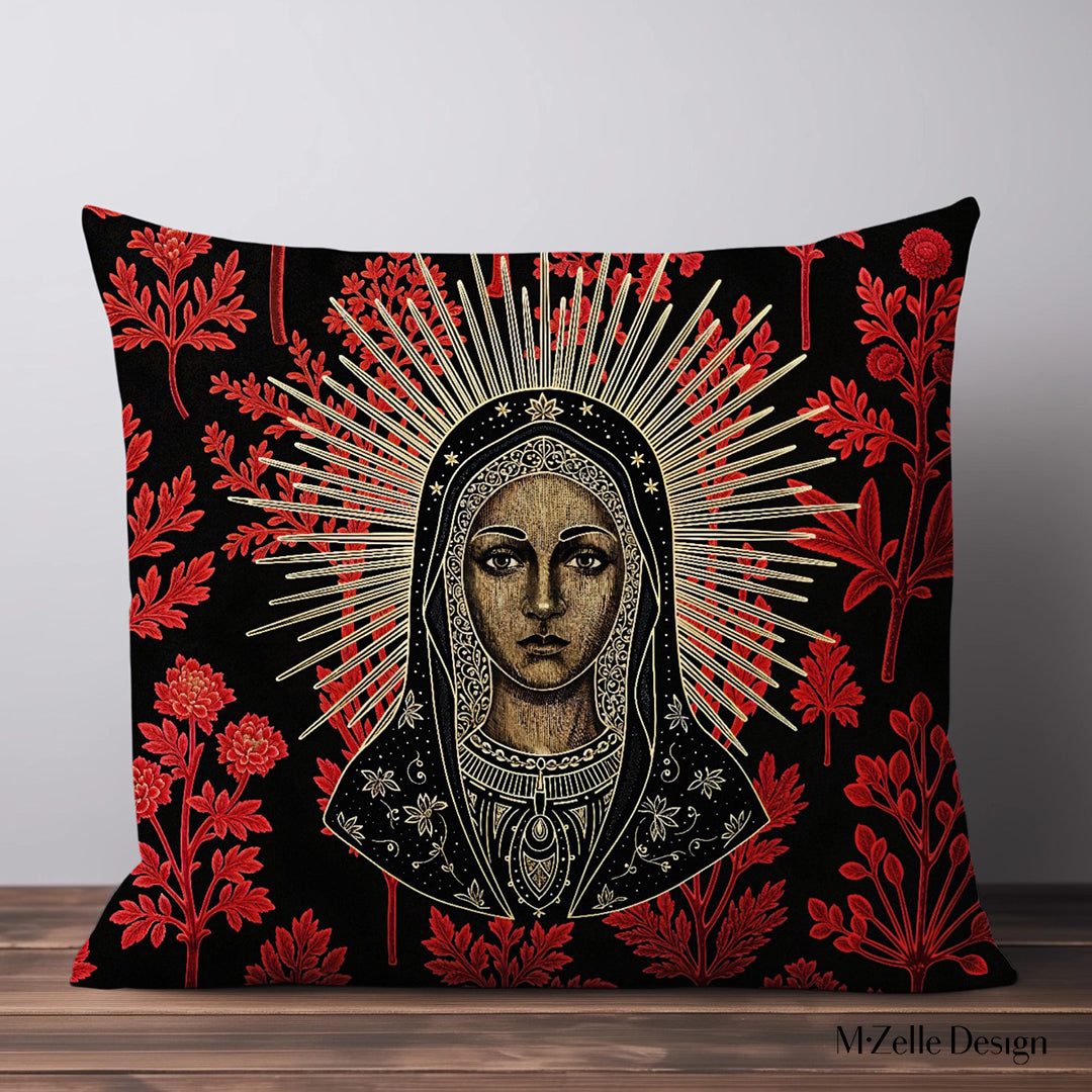 Housse de Coussin EX VOTO - Duo Vierge Noire Dévotion Herbier Rouge recto mzelle design