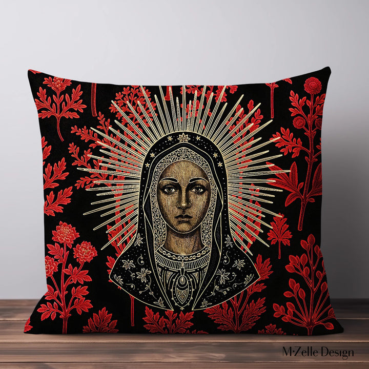 Housse de Coussin EX VOTO - Duo Vierge Noire Dévotion Herbier Rouge recto mzelle design