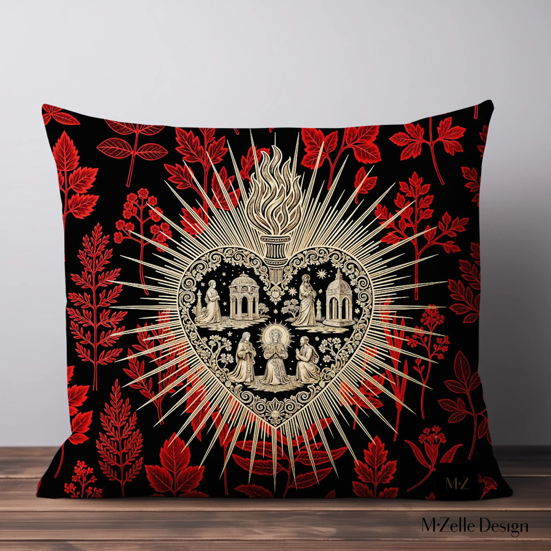 Housse de Coussin EX VOTO Mzelle design -  motif liturgique coeur avec une flamme or et des ailes sur fond d'herbier rouge et or 