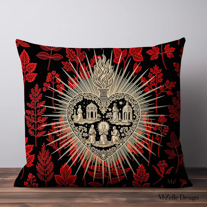Housse de Coussin EX VOTO Mzelle design -  motif liturgique coeur avec une flamme or et des ailes sur fond d'herbier rouge et or 
