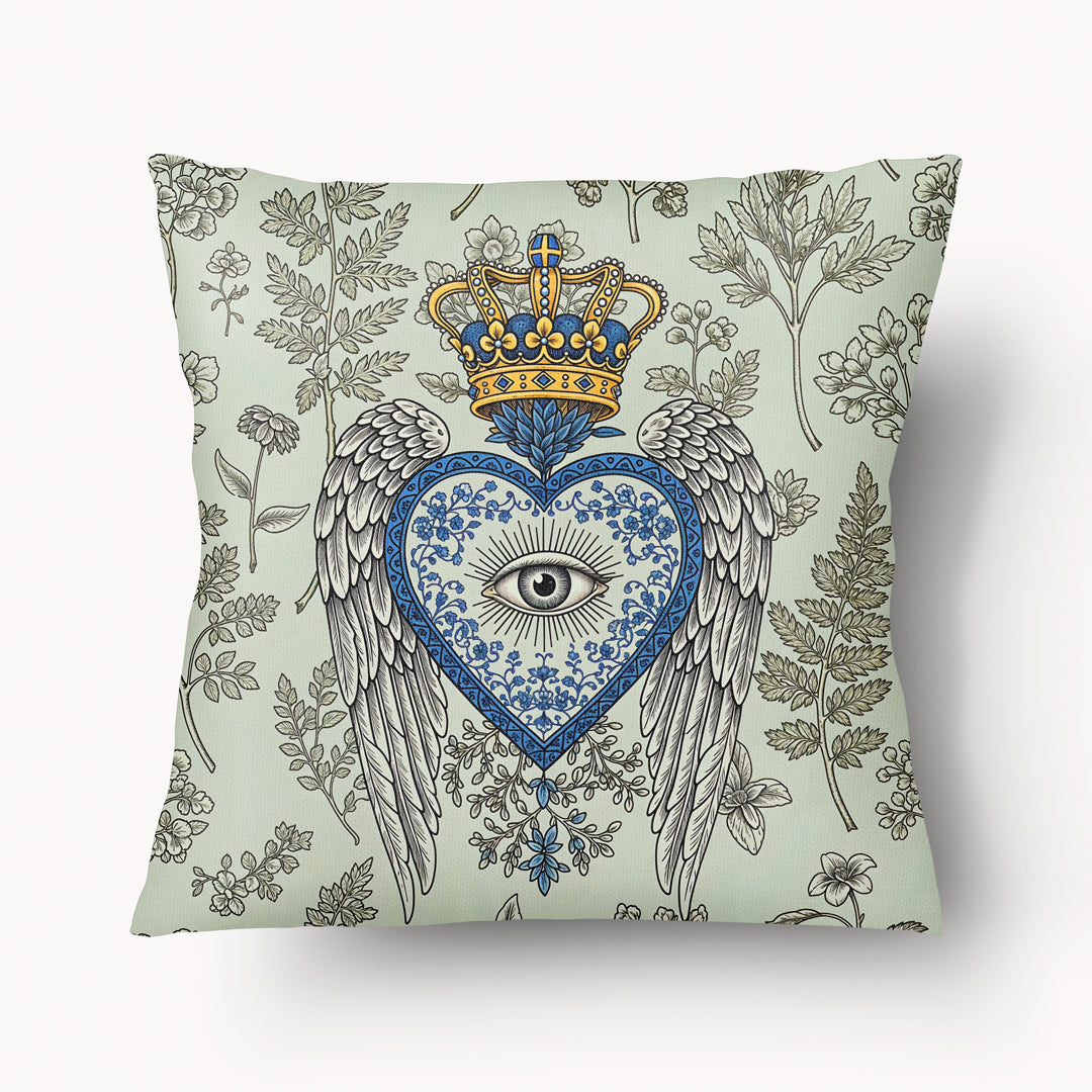 Housse de Coussin EX VOTO Mzelle design -  motif liturgique coeur bleu avec un oeil et des ailes sur fond d'herbier vert amande et marron