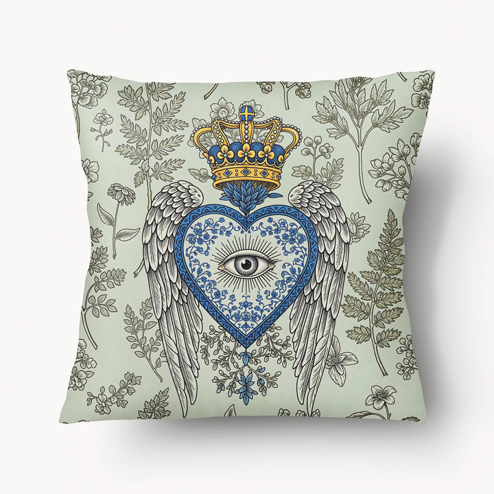 Housse de Coussin EX VOTO Mzelle design -  motif liturgique coeur bleu avec un oeil et des ailes sur fond d'herbier vert amande et marron