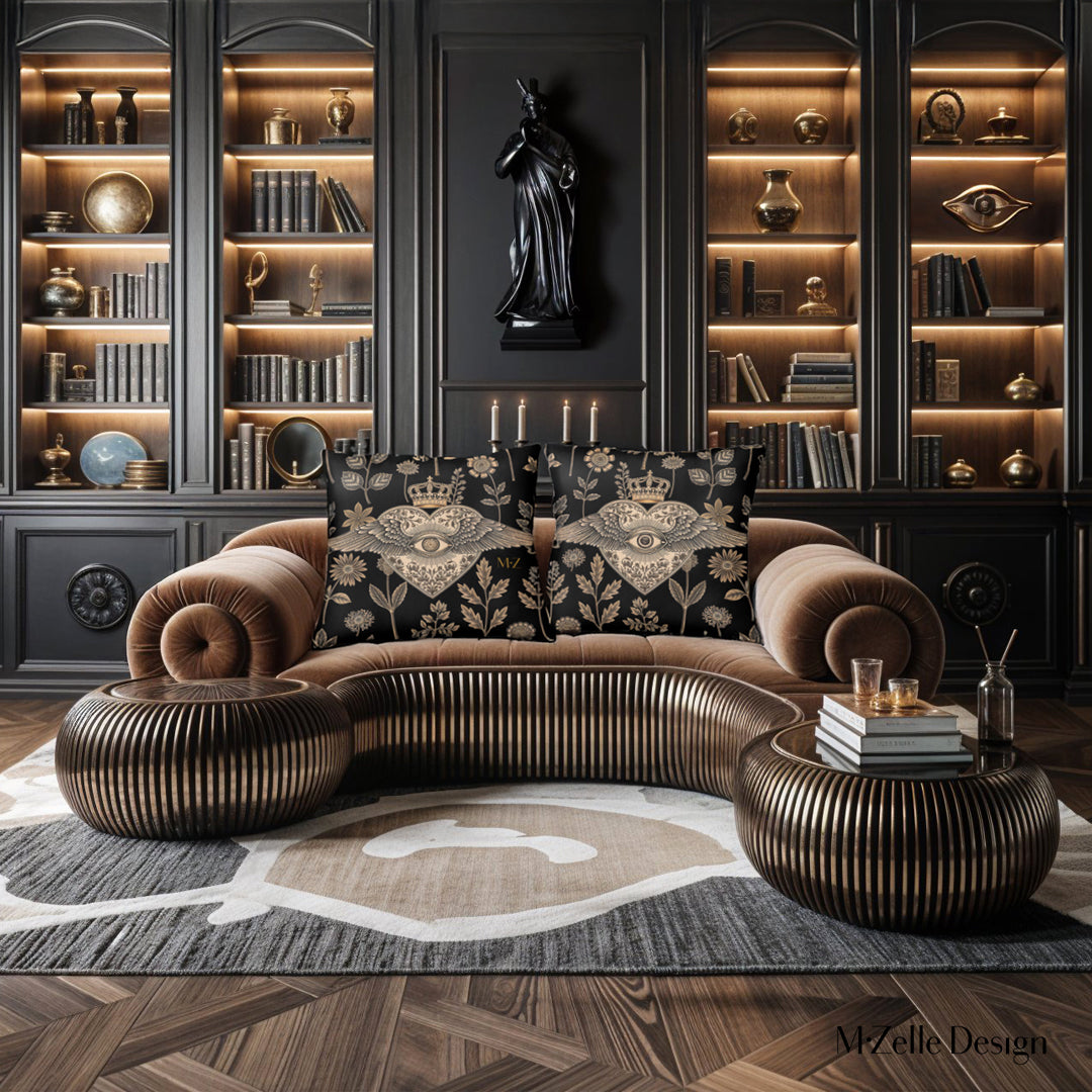 Décoration intérieur d'un salon futuriste avec deux Coussins EX VOTO Mzelle design -  motif liturgique coeur avec un oeil et des ailes sur fond d'herbier noir et or 