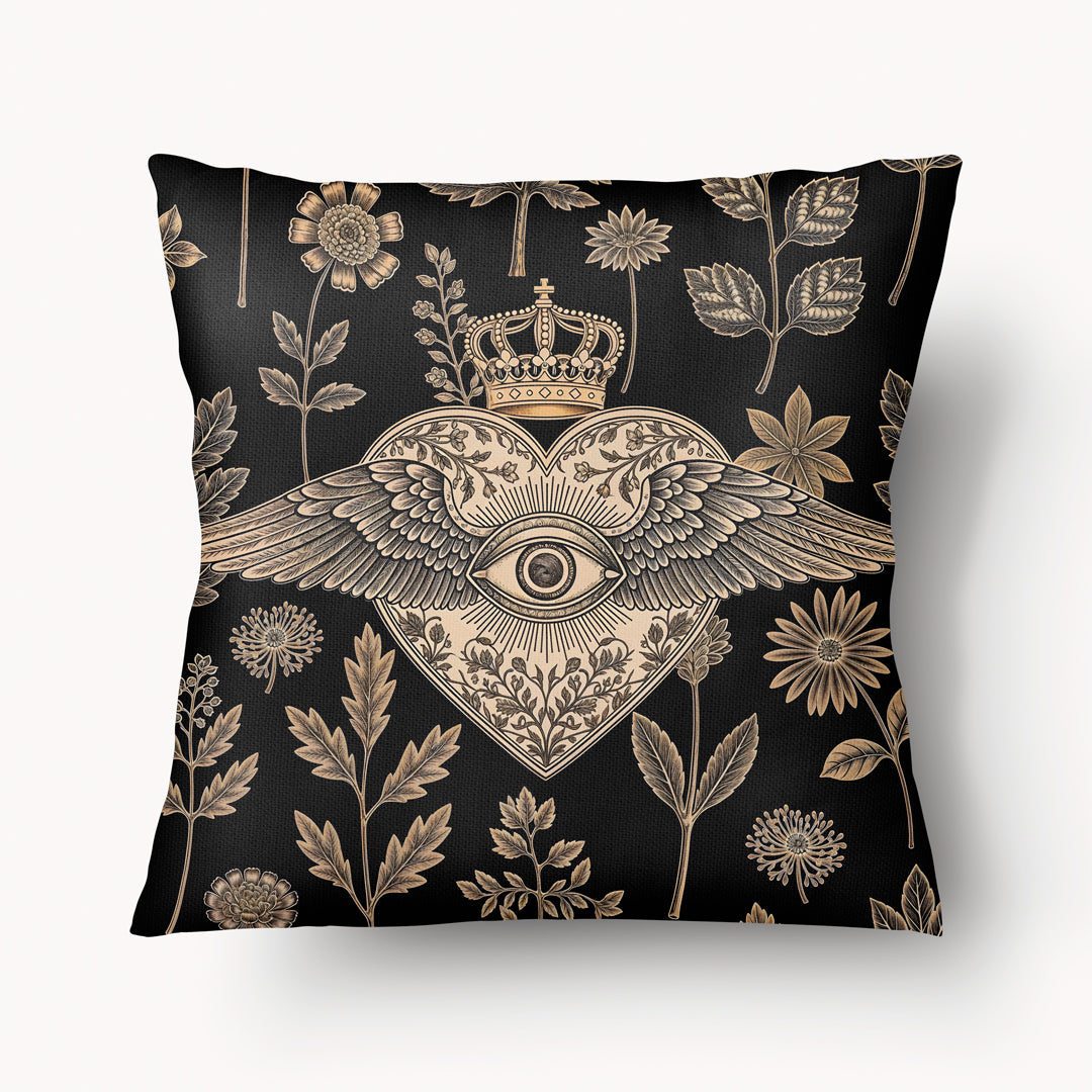 Housse de Coussin EX VOTO Mzelle design -  motif liturgique coeur avec un oeil et des ailes sur fond d'herbier noir et or 