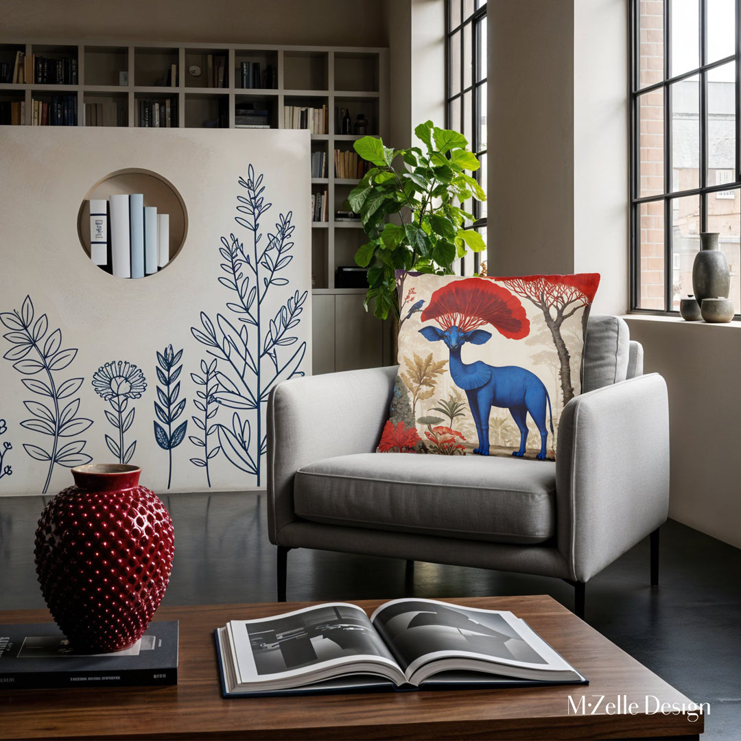 Coussin Mzelle design, motif animalier chimérique au recto et sa forêt imaginaire, dans un style naturaliste et une palette bleue et rouge.