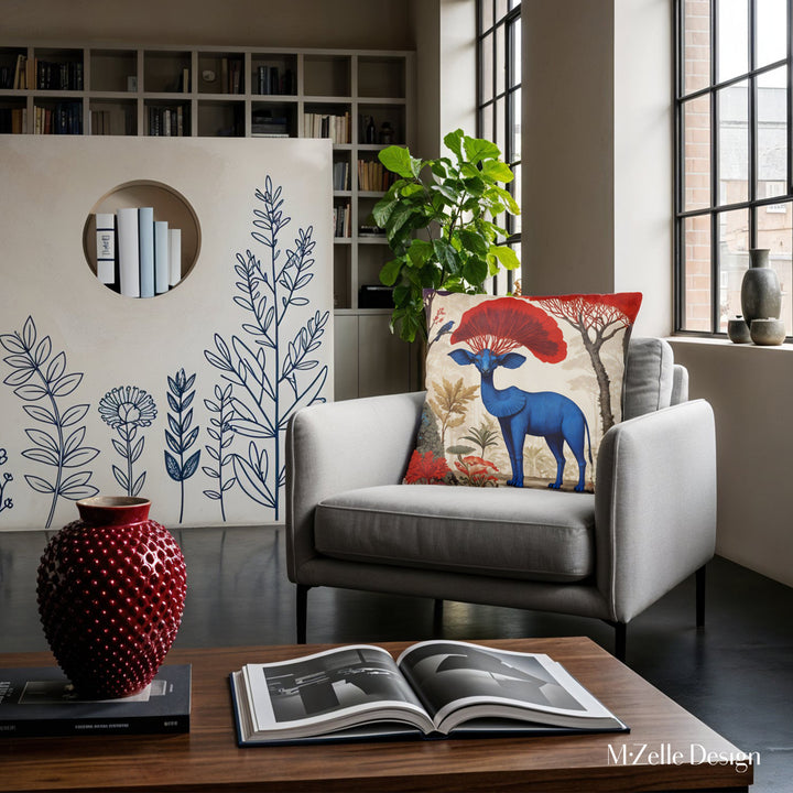 Coussin Mzelle design, motif animalier chimérique au recto et sa forêt imaginaire, dans un style naturaliste et une palette bleue et rouge.
