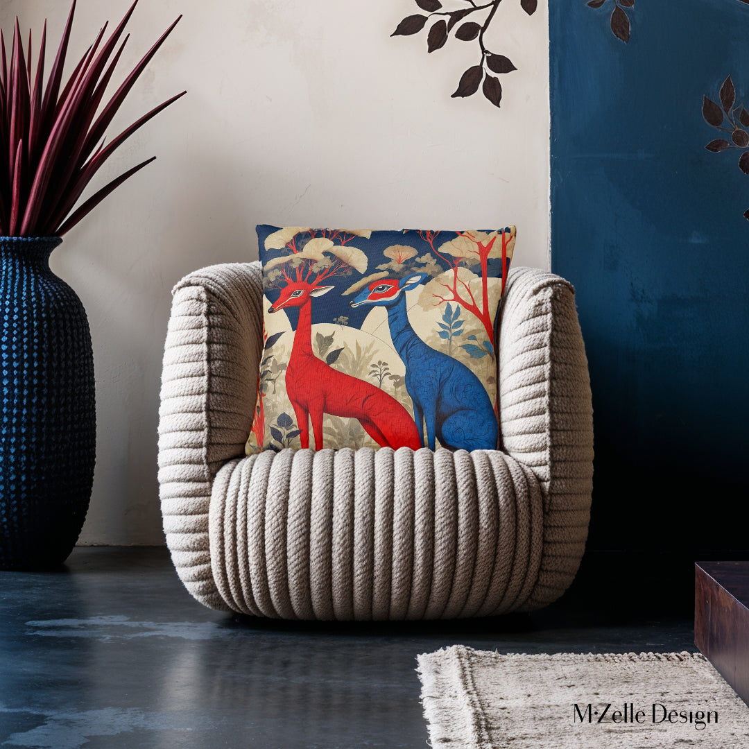 Décor Animalier moderne avec un coussin sur un fauteuil - Biches et Tigre artistique mixant biches hybrides au recto et un félin chimérique au verso, bleu rouge et écru MZelle design