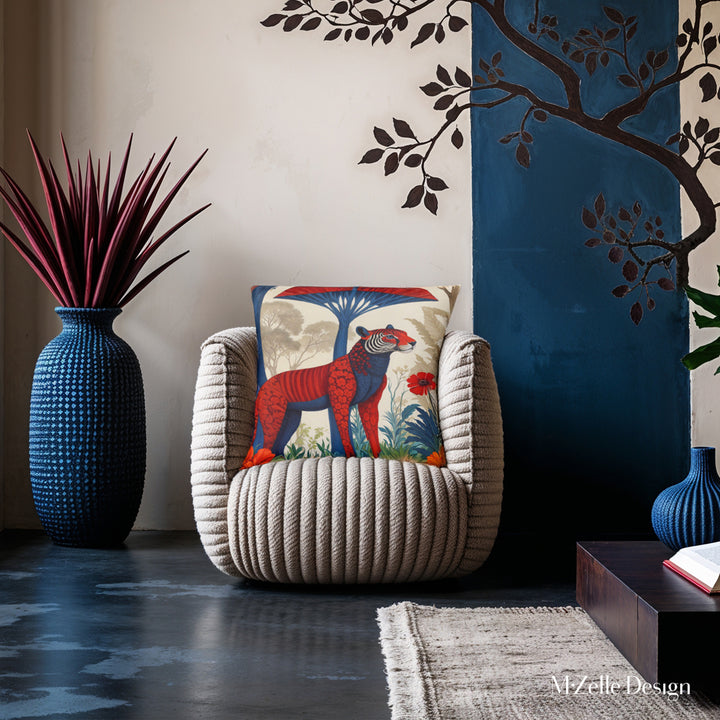 MZelle Design Décor Animalier moderne - Biches et Tigre artistique mixant biches hybrides au recto et un félin chimérique au verso, bleu rouge et écru