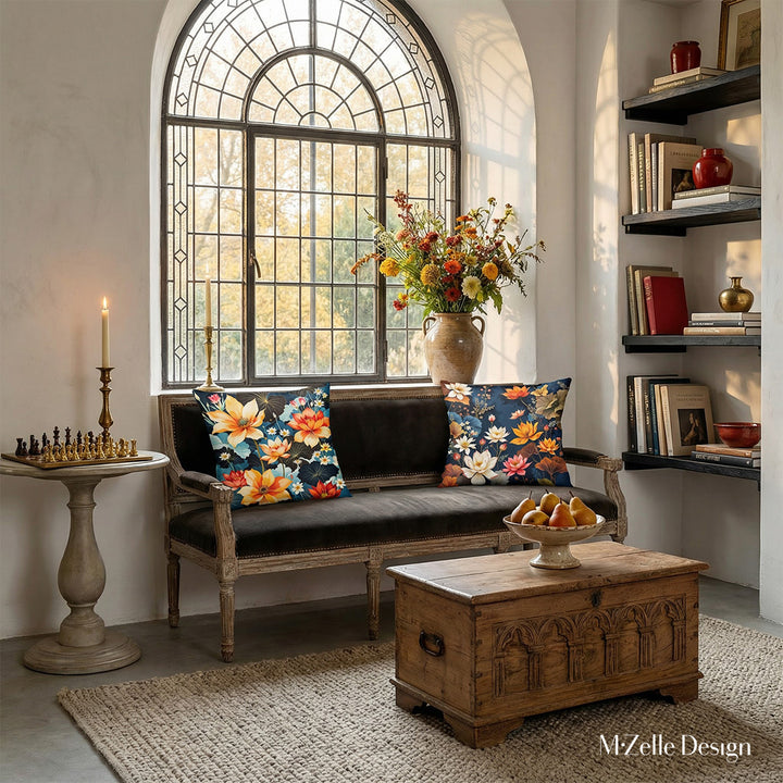 Photographie professionnelle d'un coin lecture d'une villa française inspirée de l'esthétique Castlecore, vue de face d'une banquette médiévale ornée de 2 superbes coussins, placée sous une fenêtre industrielle en verre. 