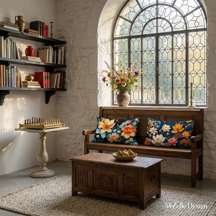Photographie professionnelle d'un coin lecture d'une villa française inspirée de l'esthétique Castlecore, vue de face d'une banquette médiévale ornée de 2 superbes coussins, placée sous une fenêtre industrielle en verre. 